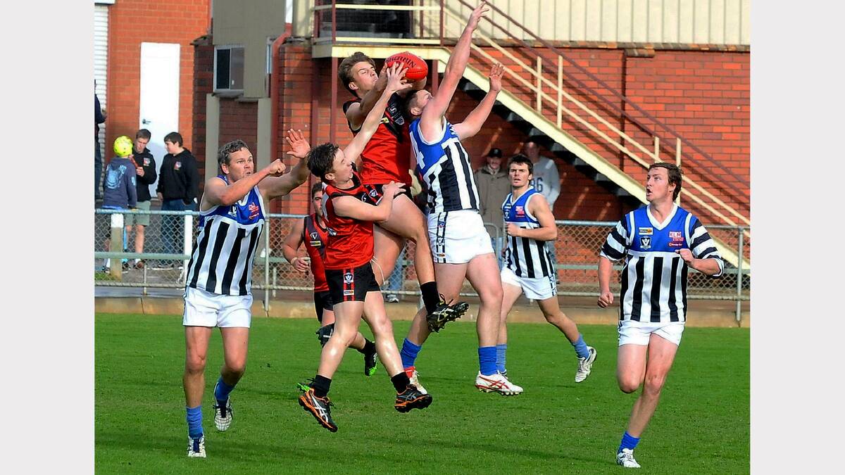 Stawell Warriors youngster Liam Scott takes a strong pack mark during the clash against Minyip Murtoa on Saturday at Central Park.