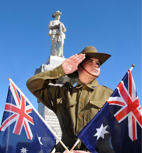 Stawell volunteer Gordon Croft, salutes at the cenotaph wearing a replica World War I uniform, the same uniform worn by Australian soldiers who landed at Gallipoli 100 years ago tomorrow.