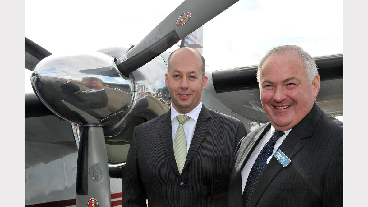 Aviation Minister Gordon Rich-Phillips and Northern Grampians Shire Mayor, Cr Kevin Erwin, celebrate the opening of stage three works and the announcement of funding for stage four.