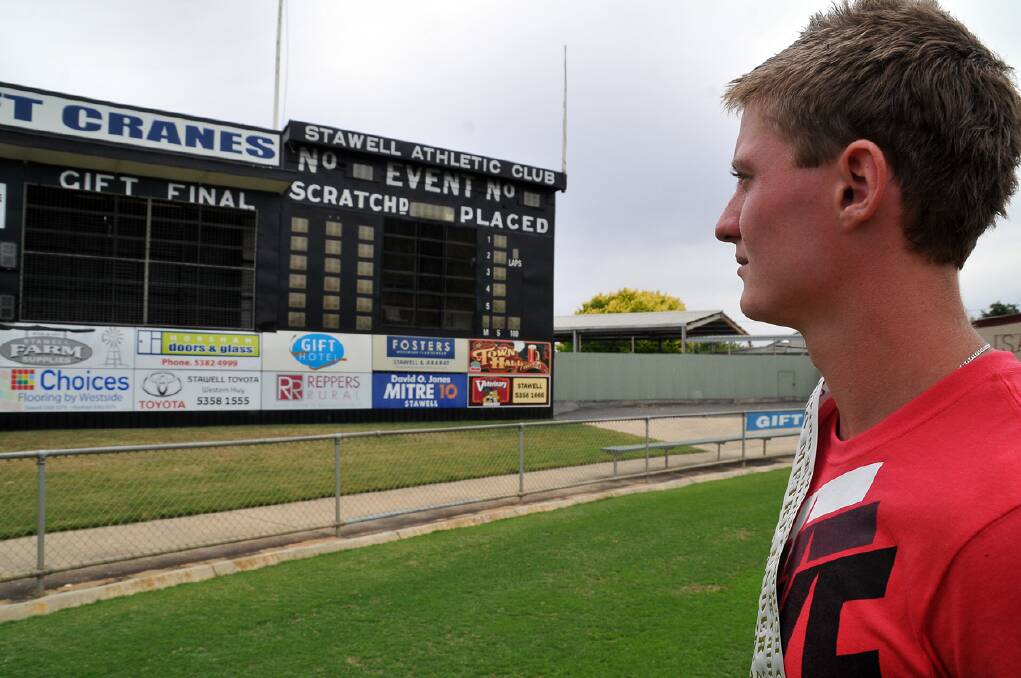 Stawell young gun Ash Cowen looks to the historic Central Park scoreboard - where one day he hopes he will taste a Stawell Gift victory of his own. Picture: MARCUS MARROW.
