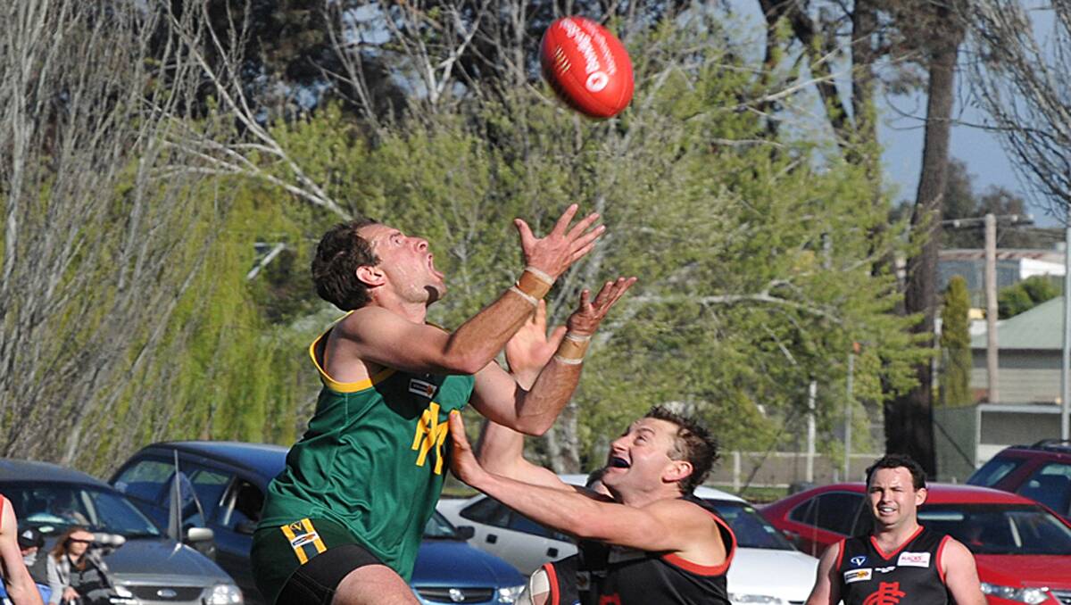 Navarre defender Tom Kaye was in the prime position to take this mark in the Maryborough Castlemaine District Football League grand final clash against Carisbrook on Sunday at Maryborough. Unfortunately for Kaye and the Grasshoppers, they went down to Carisbrook by 22 points, their second grand final loss in a row. Picture: MARK McMILLAN