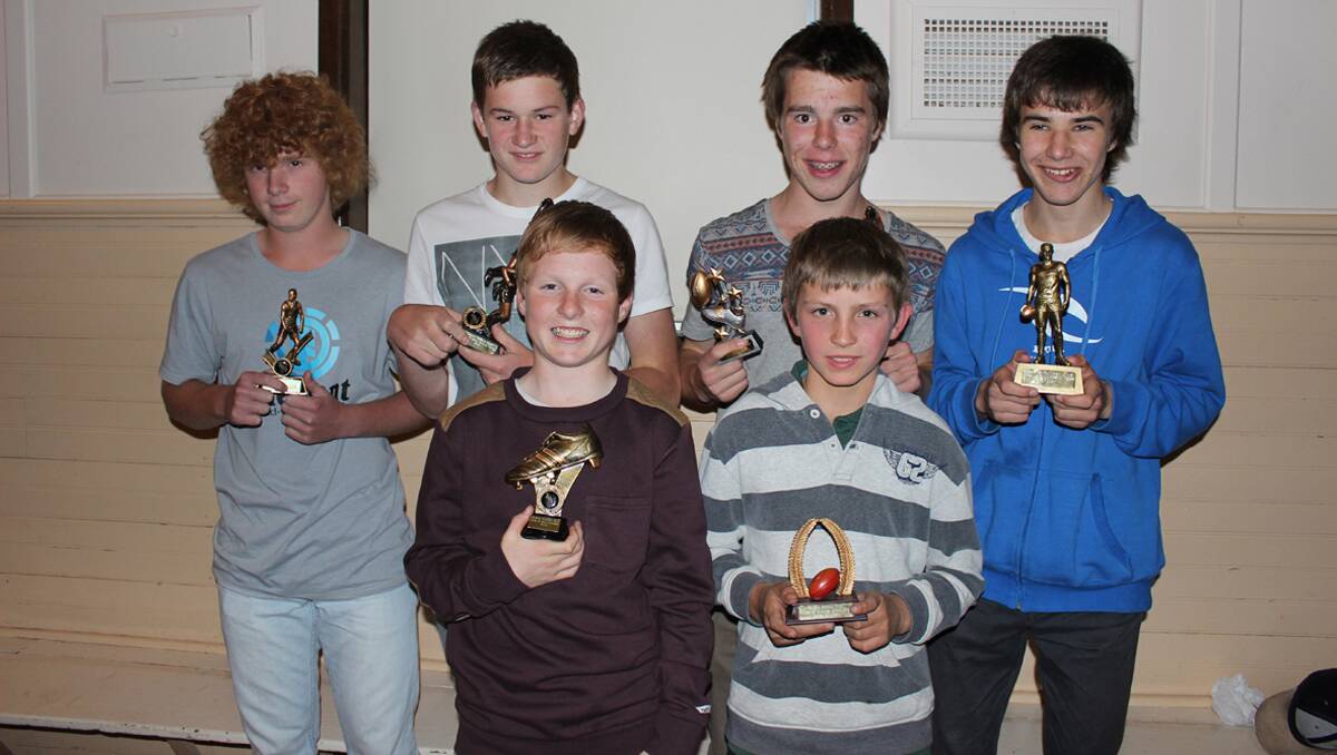 Navarre under 15 awards 2013 L-R (back) Nick Pitts (most improved), Riley Bibby (joint best and fairest), Austin Squire (joint best and fairest), Bradley Slorach (runner up), Wil Clough (most consistent), James Anderson (coach’s award). 