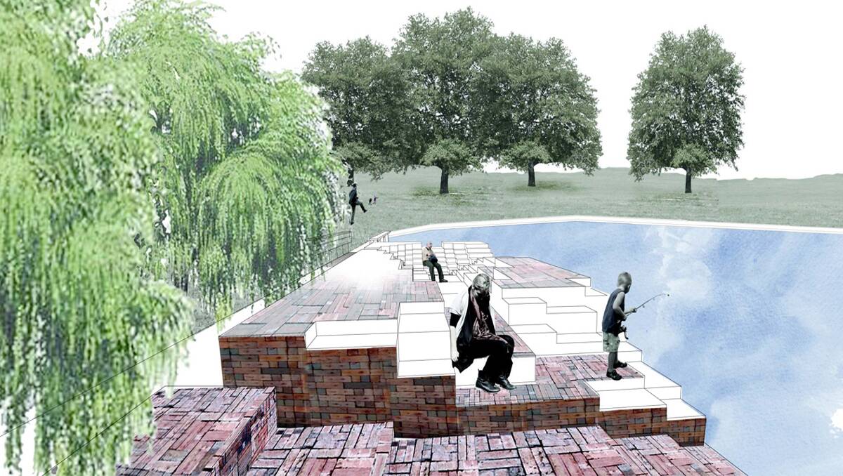 A concept design of what the Cato Park project might look like once it has been completed. The spillway offers a practical, yet scupltural design utilising bricks from Stawell company Krause bricks. 