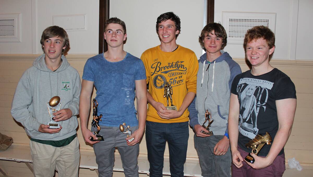 Navarre under 17.5 award winners L-R Darby Grinham (coach's award), Cody Driscoll (best and fairest), Aaron Slorach (runner up), Shannon Treloar (most improved), Paul Carson (most consistent). 