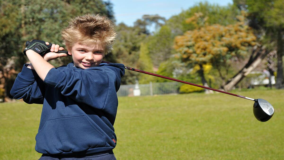 Young Ryan Nellthorp shows his style as he prepares to play in the Victorian Primary Schools Golf Championships. Picture: KERRI KINGSTON 