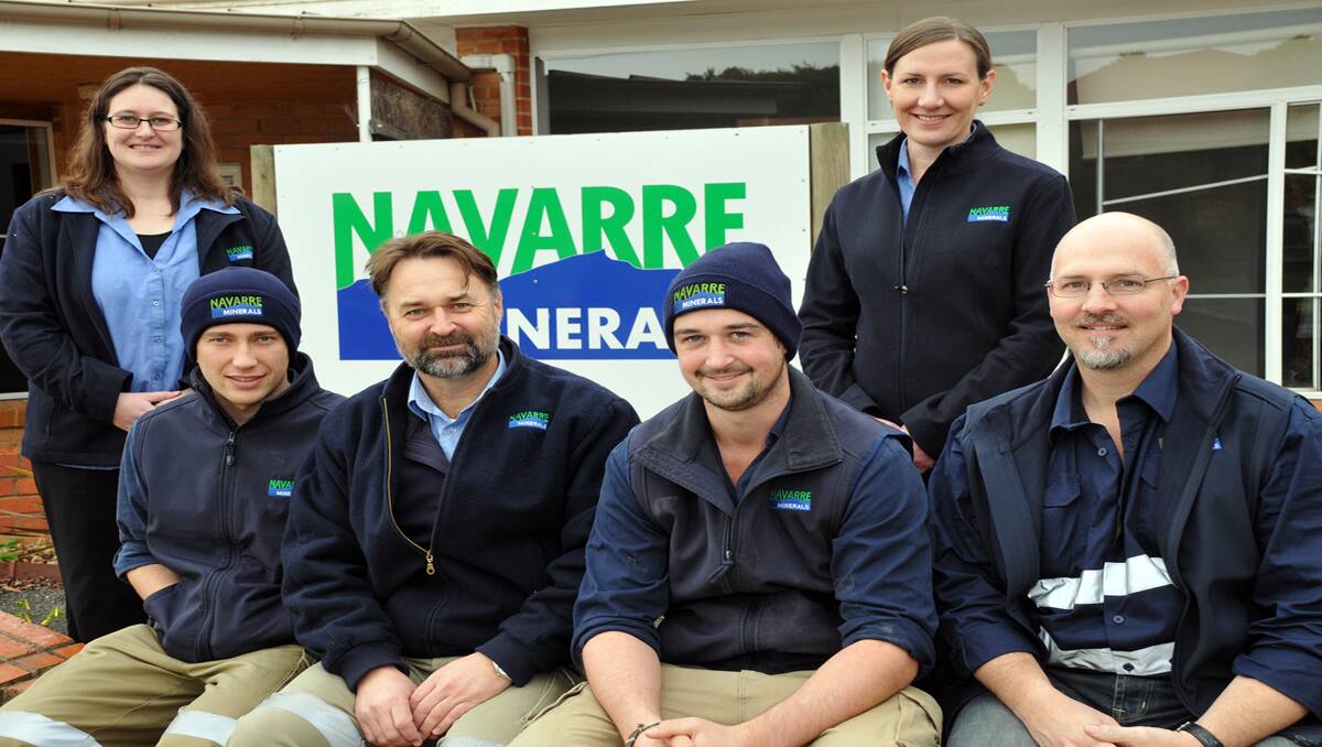 The team at Navarre Minerals in Stawell L-R accountant Jodie Ford, exploration geologist Daniel Braunsteins, managing director Geoff McDermott, Sam Bibby (Field Support), office manager Marlene Erard and new exploration manager Wessley Edgar. Picture: KERRI KINGSTON