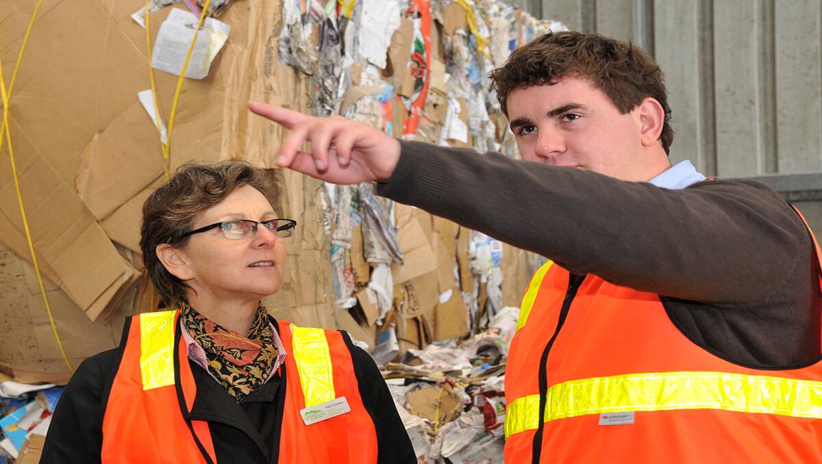 Northern Grampians Shire Council's manager of emergency services and environment, Kath Gosden, is pictured speaking to infrastructure project officer Alex Gordon during a tour of Stawell's recycling facility by councillors and officers. The tour was a good opportunity for council representatives to see first hand how the facility operates. Picture: KERRI KINGSTON 