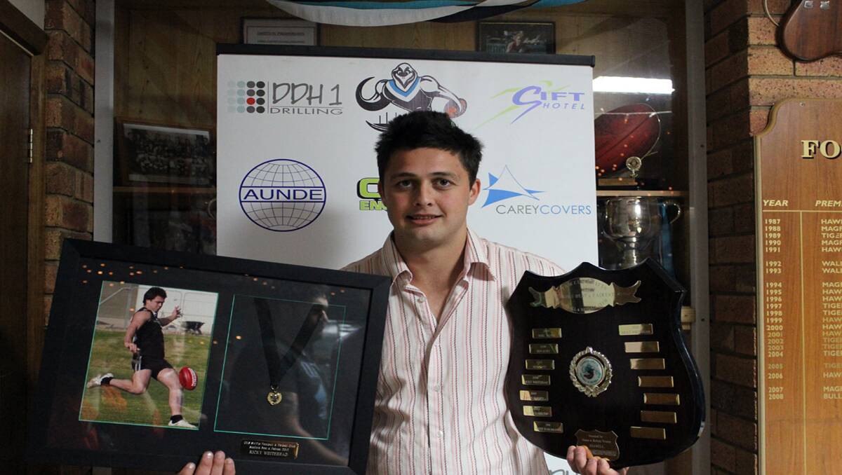 Ricky Whitehead with his trophies after winning the Swifts Football Club's senior best and fairest award for 2012. 